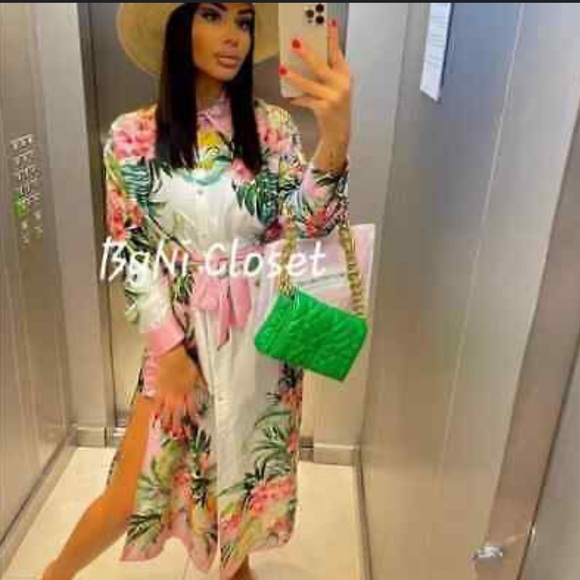 Zara Dresses & Skirts - Zara Pink and Green Long Sleeve Resort Dress